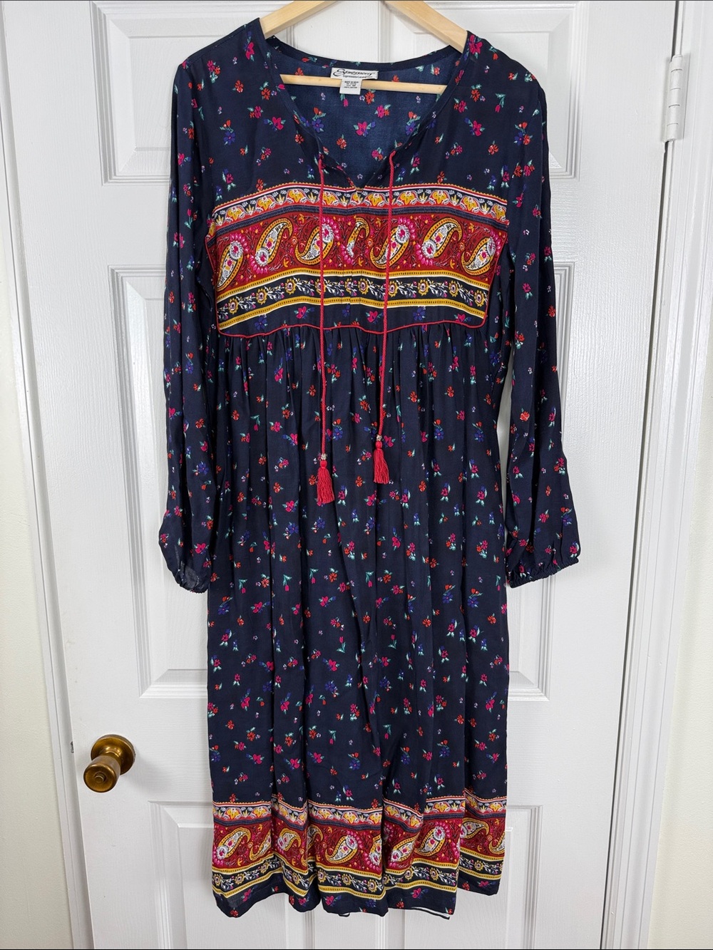 NWOT Expressions Boho Paisley Navy Midi Dress with Red Tassel Tie